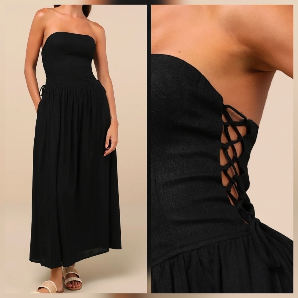 Lulus S Undeniable Affection Black Strapless Maxi Dress With Pockets, Size Small